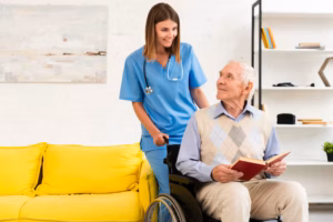 Professional caregiver providing senior home care support.